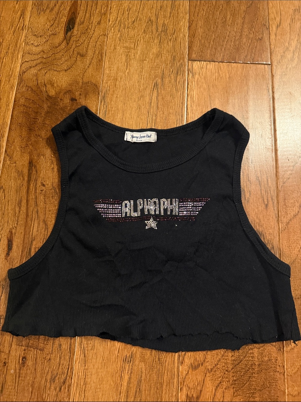 Alpha Phi Rhinestone Ribbed Crop Tank | Black | Medium